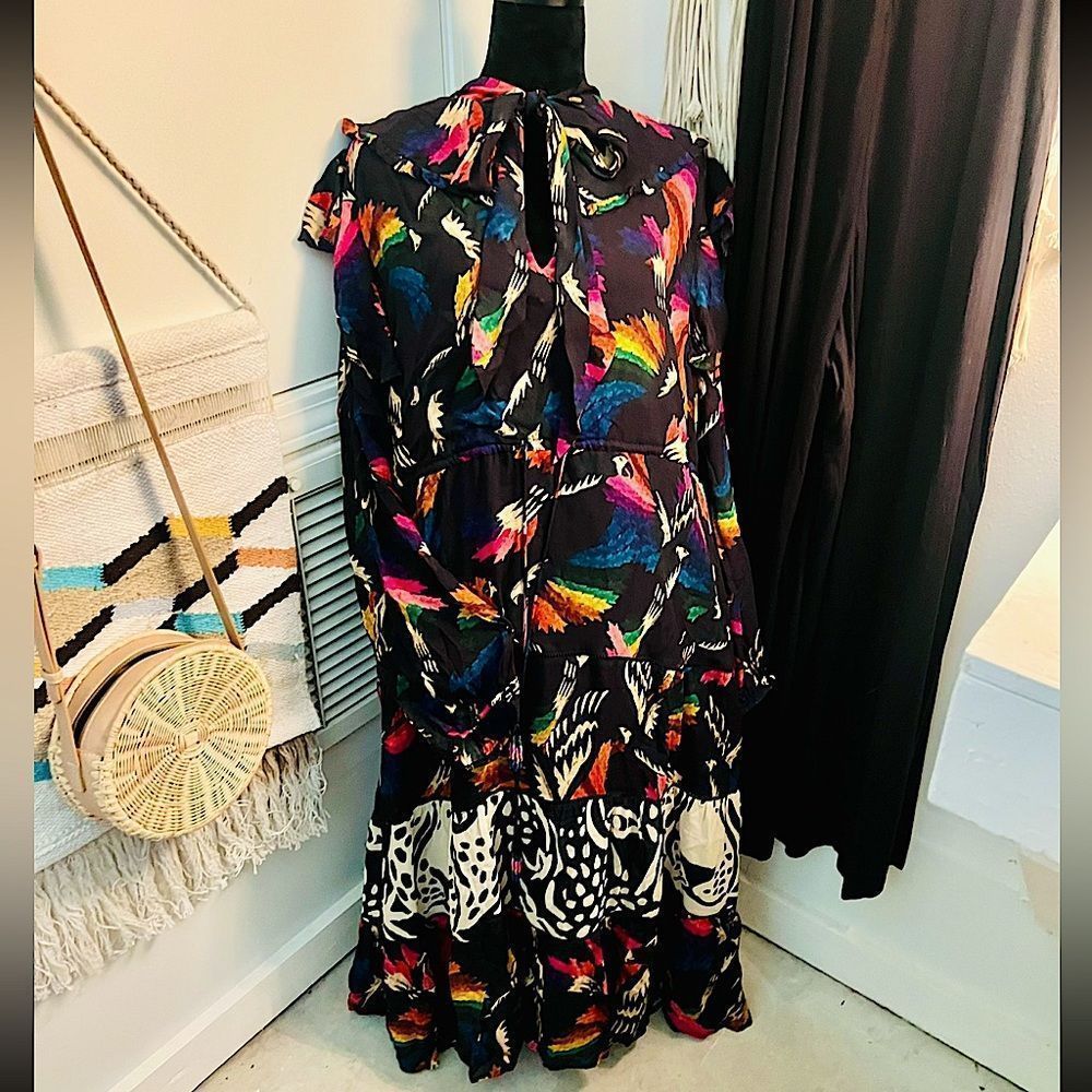 FARM Rio Black Multicolor Feather-Print Long Dress